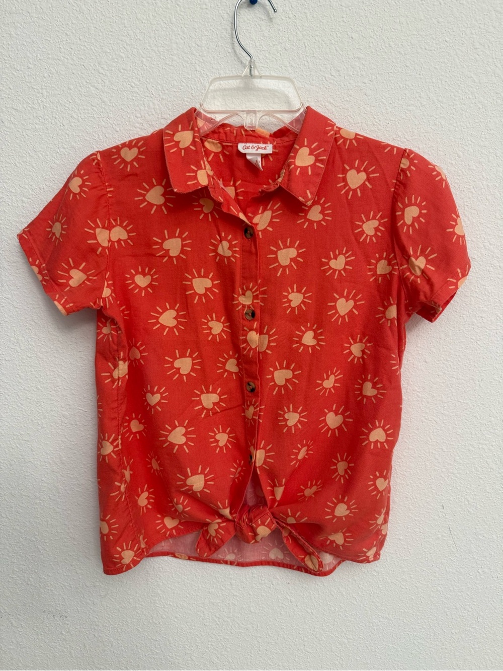 Cat & Jack Coral Red Button-Up Shirt with Heart & Sun Print